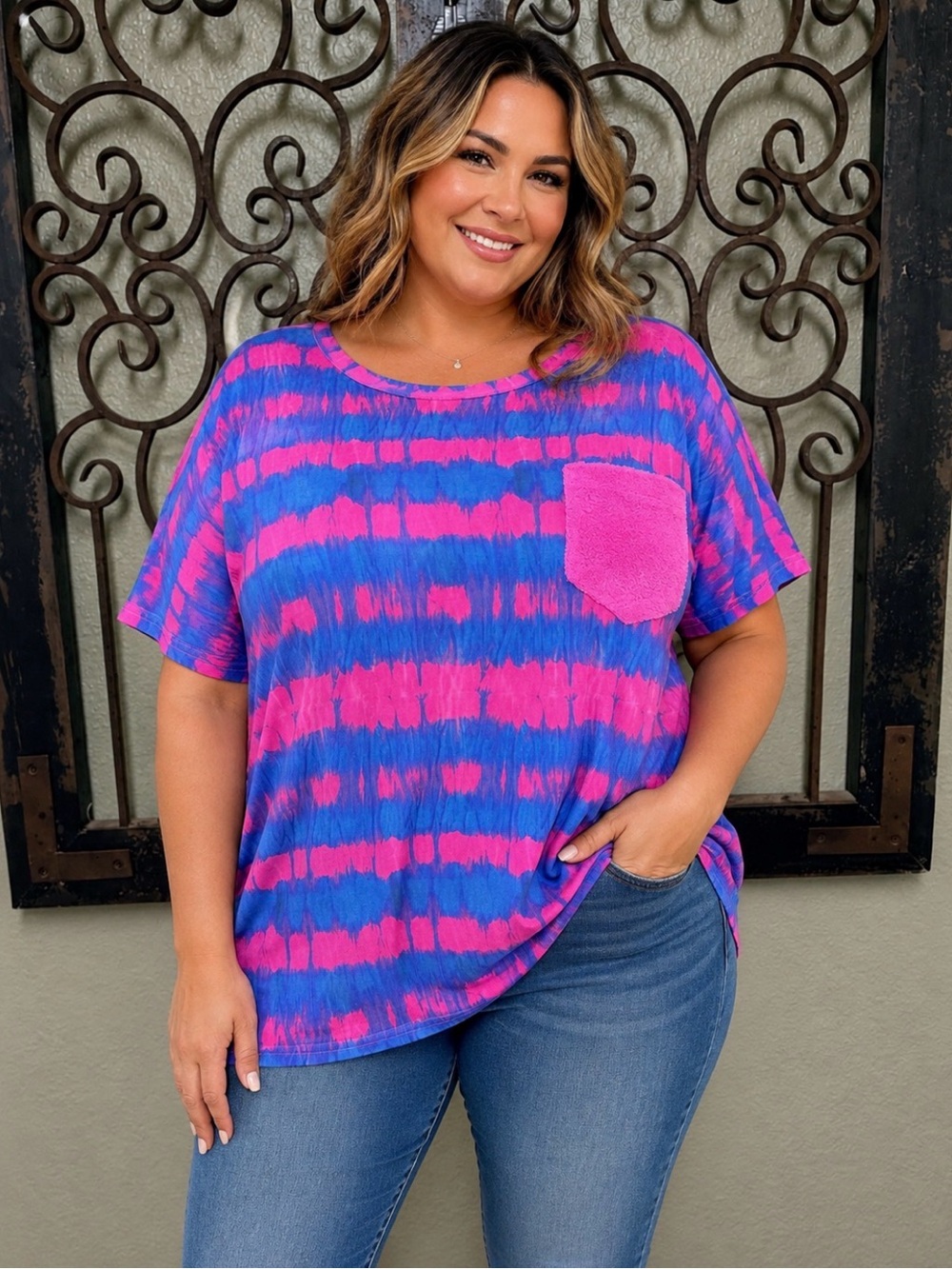 Southern Stitch Pink & Blue Tie-Dye Short Sleeve Top with Chest Sequin Pocket